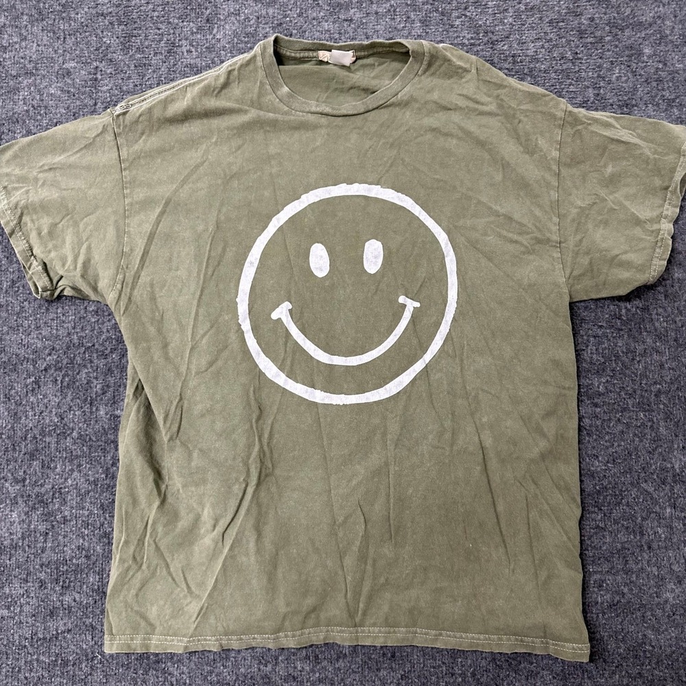 Altar'd State T-Shirt Womens Size S/M Olive Green Smiley Face Graphic Cotton Tee